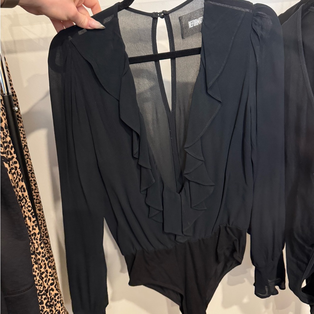 Reformation Black Ruffle Deep-V Long Sleeve Bodysuit